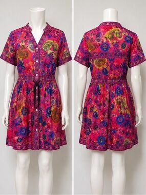 Vibrant Pink Paisley Button-Front Short Dress